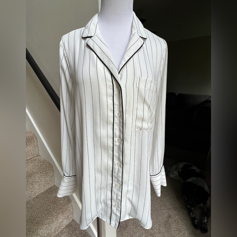 Paraphrase Black and White Striped Button Down Shirt Blouse